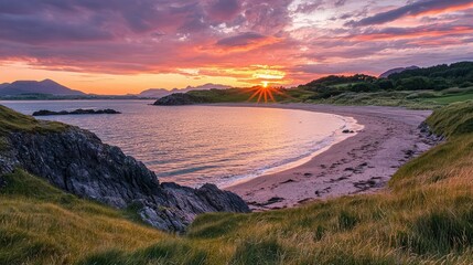 Obraz premium Serene Beach at Sunset with Vibrant Sky and Rocky Outcrops, Perfect for Nature Lovers and Landscape Photography Enthusiasts