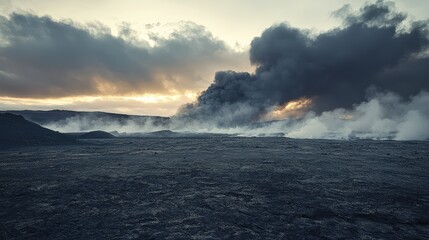 Naklejka premium Majestic Volcanic Eruption at Sunrise with Fiery Ash Clouds and Dramatic Sky Over Black Lava Landscape Creating an Awe-Inspiring Natural Phenomenon