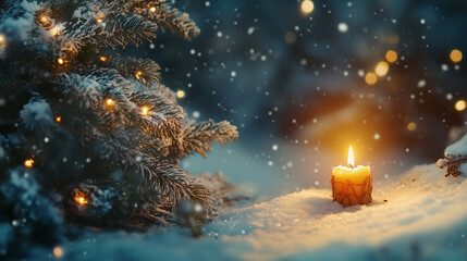 Fototapeta premium christmas winter night photo. burning candle radiating golden warm light nex to a christmas tree in a cold snowy december night