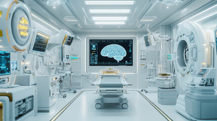 A futuristic medical laboratory featuring advanced equipment, monitors, and a central screen displaying a brain diagram. The environment is pristine and high-tech.