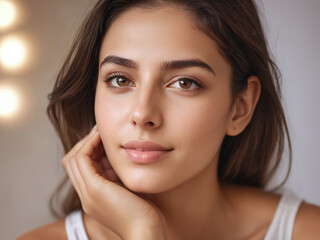 Obraz premium Woman smiling while touching her flawless glowy skin with copy space for your advertisement, skincare 