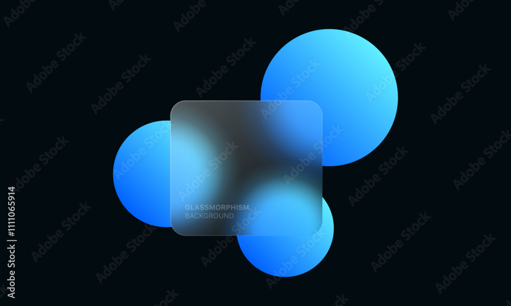 Poster glassmorphism background banner with transparent glass frame template . Realistic Frosted glass morphism effect with blurred abstract gradient blue circle shapes. Vector illustration