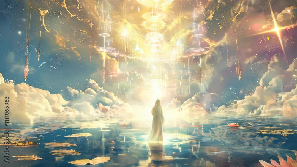 Poster journey above the heavens where a man encounters the astral realm filled with light and tranquility