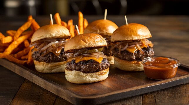 Photo of, A tempting platter of sliders featuring mini beef burgers topped with cheddar cheese, caramelized onions