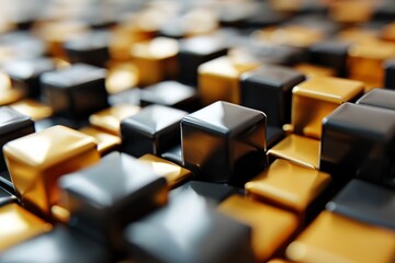Fototapeta premium Abstract composition of glossy black and gold cubes forming a modern and futuristic pattern