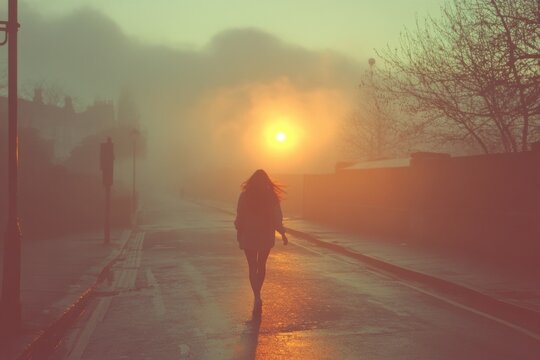 Hazy street scene with a woman walking down the road at sunset