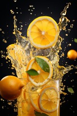 Glass filled with lemons and a dramatic splash of liquid, creating a refreshing and dynamic composition