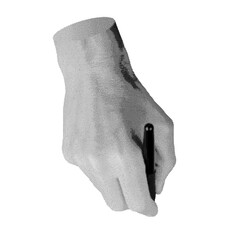 Hand holding pen, stylus for handwriting, drawing, top view, isolated on white background. Halftone dotted retro style vector