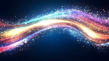 Obraz premium Abstract glowing colorful wavy lines with sparkling particles on dark background.