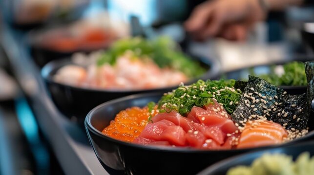 Photo of, A tempting sushi bowl bar with options like tuna, salmon