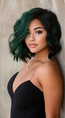 Fototapeta premium Young woman with green hairstyle, posing elegantly against a textured background, exuding confidence.