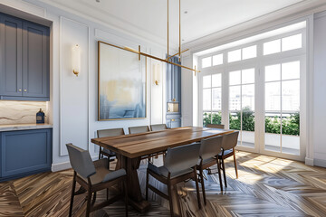 Fototapeta premium Contemporary dining room featuring a large wooden table, upholstered chairs, herringbone flooring, and natural light streaming through floor-to-ceiling windows