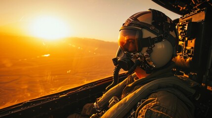 A fighter jet pilot wearing a helmet and oxygen mask inside the cockpit against a sunset backdrop