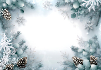 Frosted winter background with pinecones, snowflakes, eucalyptus leaves, and a soft icy blue gradient, perfect for seasonal holiday greetings or designs