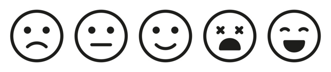 feedback emoji. emoticons set , rating scale of customer satisfaction rating with 5 levels ; good, medium, bad or happy smile, neutral, error x emojis - smiley icon set. vector illustration	
