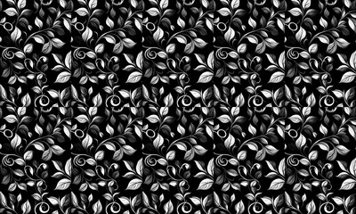 seamless pattern of Elegant monochrome floral pattern black white leaves swirls romantic design 