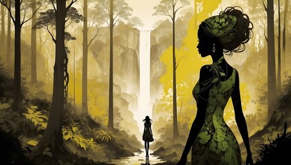 Fantasievolles Gemälde - Silouette Umriss - Schönheit im Wald mit Wasserfall