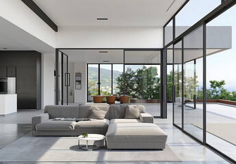 Luxury living room with panoramic floor-to-ceiling windows, contemporary gray sectional sofa, and seamless transition to outdoor seating, offering breathtaking views