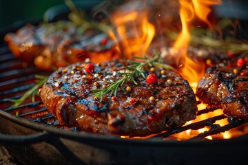 Close-up of grilled meat with caramelized sauce, sizzling and appetizing steaks