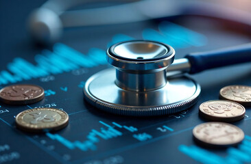 Close-up of a stethoscope and coins on a financial chart, symbolizing healthcare costs, economic analysis, and medical expenses.
