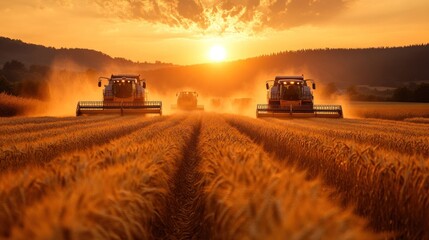 Fototapeta premium Golden Hour Harvest: Combines in a Wheat Field at Sunset