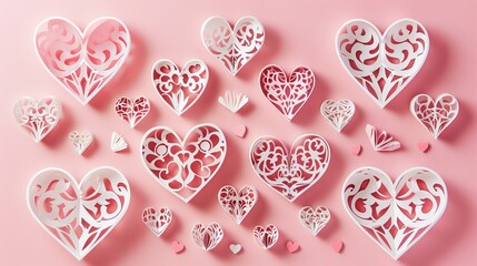 Charming valentine   s day card display with intricately cut hearts on a soft pink background