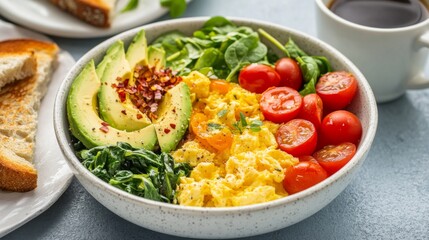 Photo of, A vibrant breakfast bowl with scrambled eggs, avocado slices