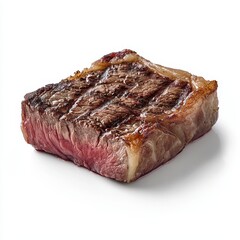 Fototapeta premium Grilled Strip Steak Isolated on White Background, Showcasing Juicy and Appetizing Culinary Excellence