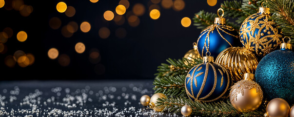 Fototapeta premium Christmas blue and gold ornaments baubles and pine branches, dark bokeh lights background, wide banner, copyspace