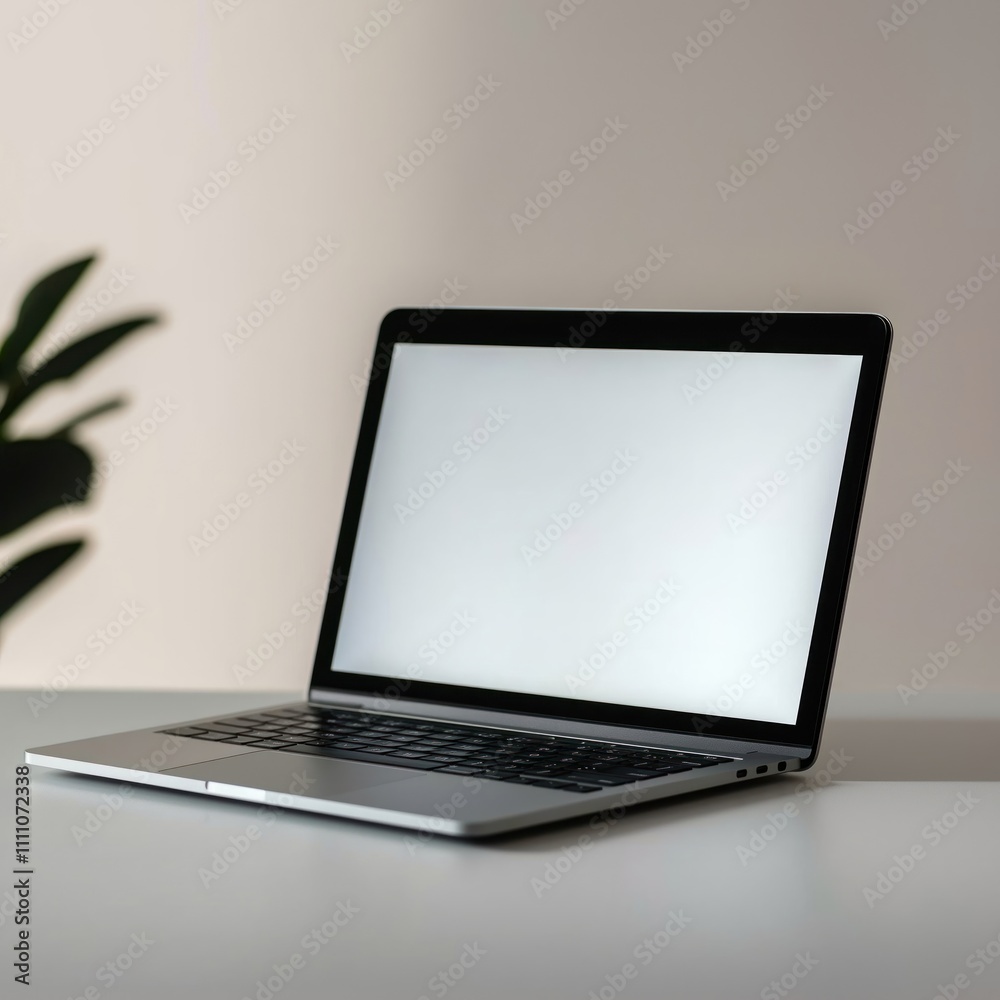 Poster Sleek laptop sits on a clean desk against a plain background. Modern tech device. Pro workspace. Simple design. Empty screen. Suitable for presentations or work. Modern office setup. Minimalist style.