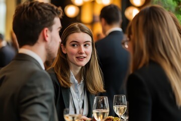 Young Professionals Networking at an Elegant Corporate Event with Drinks and Lively Conversation