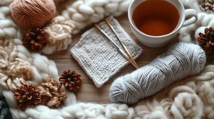 Fototapeta premium Cozy knitting setup with yarn.