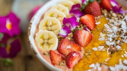 Fototapeta premium Photo of, A vibrant fruit smoothie bowl topped with sliced bananas, strawberries