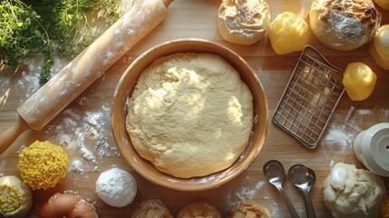 Fototapeta premium Baking ingredients and dough setup.