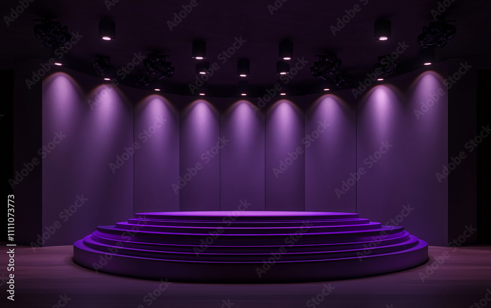 Poster Modern stage design with purple lighting in an empty performance space ready for events or presentations