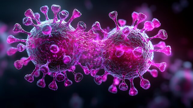 Microscopic view of two viruses replicating, showing detailed surface structures and vibrant colors.