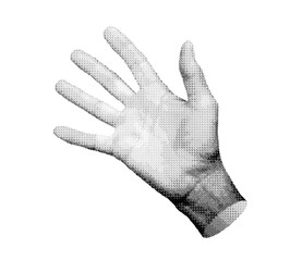 Hi gesture, waving greeting, hello, hand sign isolated on white background. Halftone dotted retro style vector