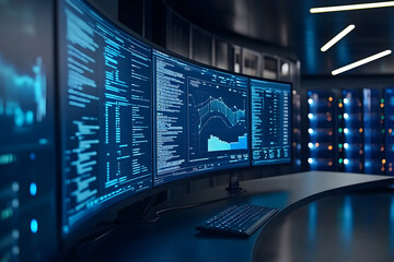 Modern control room with multiple curved monitors displaying data analytics, graphs, and codes in a high-tech environment with illuminated server racks in the background