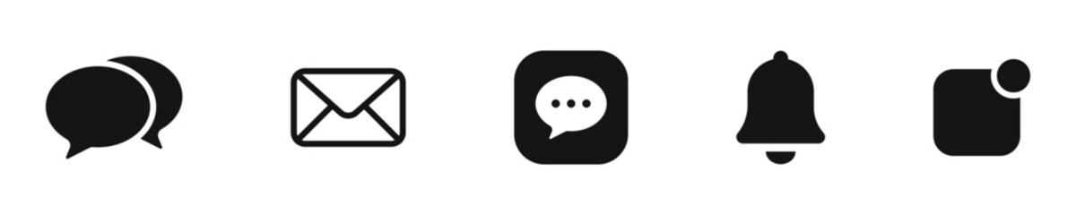 Notification bell icon set. New email message notification icon or alarm alert reminder icon sign. Love like with Notifications and chat message speech bubble icon - Web icons collection set