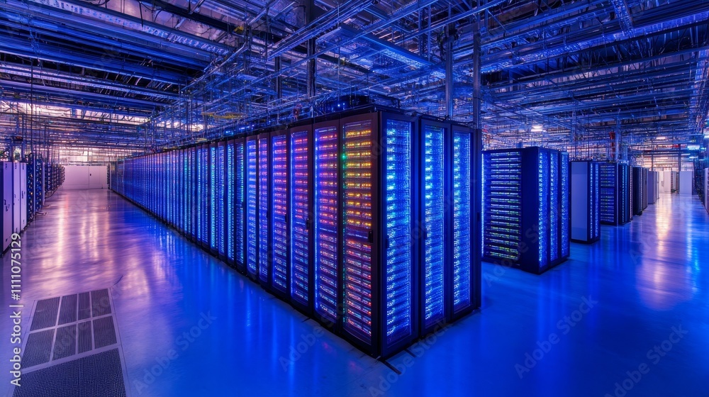 Poster a high-tech data center filled with server racks illuminated by colorful led light.