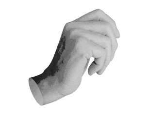 Holding something little, thin in hand isolated on white background. Halftone dotted retro style vector