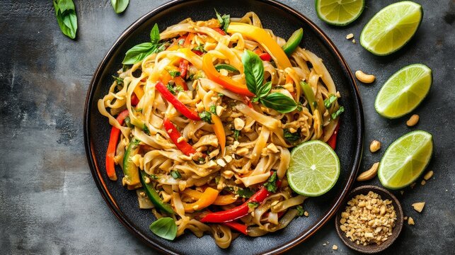 Photo of, A vibrant plate of vegetable pad kee mao stir-fry with flat rice noodles, bell peppers