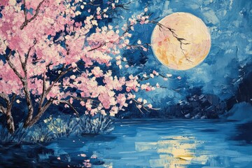 Blossoming cherry trees under a full moon, painted in delicate brushstrokes