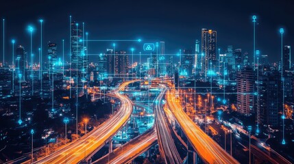 Obraz premium A high-tech cityscape at dusk with vibrant neon highways and buildings glowing with holographic interfaces.