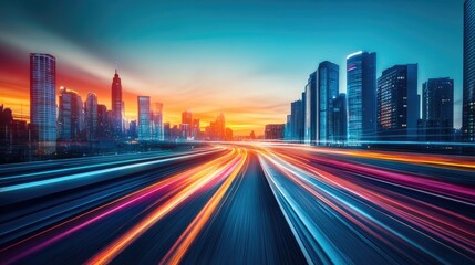 Obraz premium A high-tech cityscape at dusk with vibrant neon highways and buildings glowing with holographic interfaces.