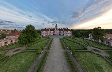 Obraz premium Mnichovo Hradiste historical old castle Mnichovo Hradiste in central Europe,Czech republic,beautiful cinematic aerial view 
