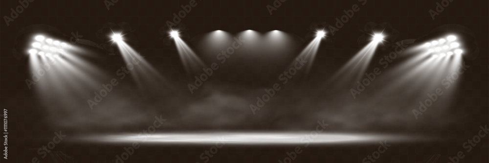Poster spotlights shining down in a dark, misty atmosphere, creating a dramatic stage or stadium effect wit