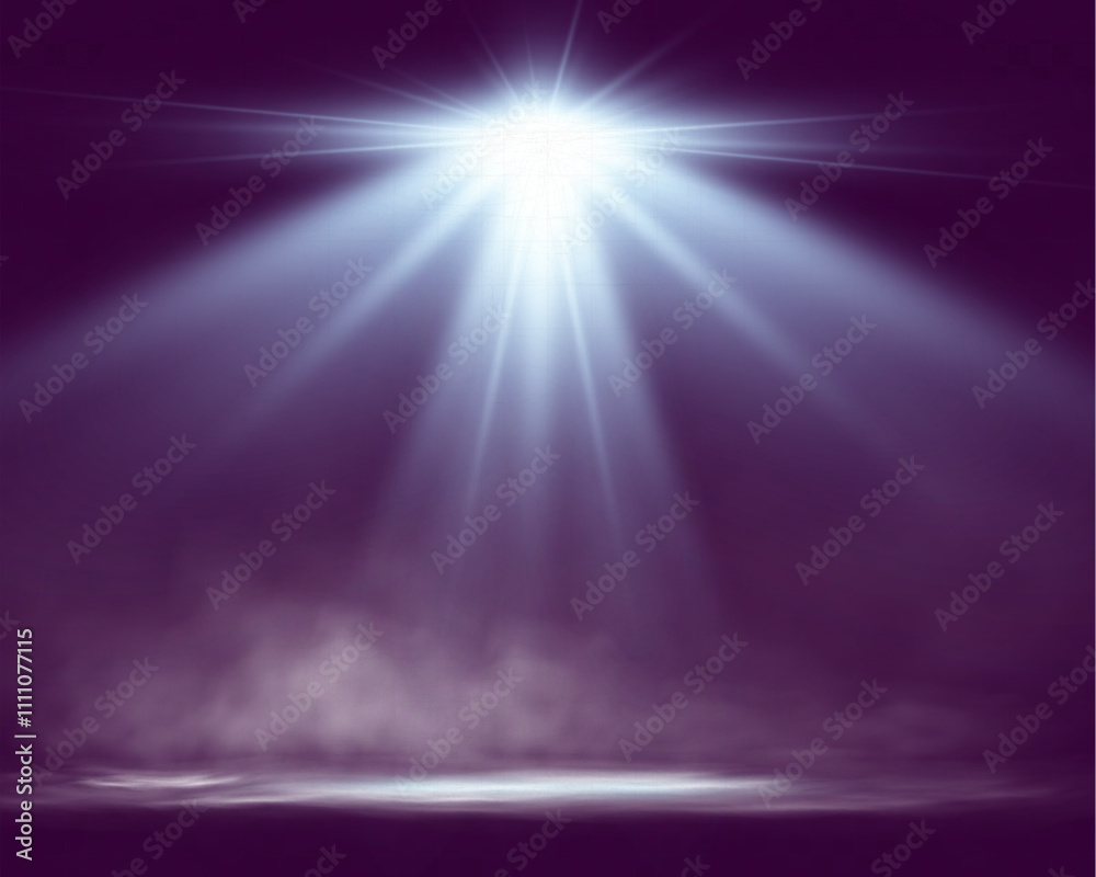 Poster spotlights shining down in a dark, misty atmosphere, creating a dramatic stage or stadium effect wit