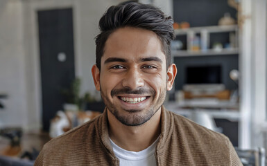 Fototapeta premium Headshot portrait of attractive confident indian Hispanic man with toothy smile looking at camera at modern living room
