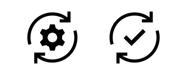 gear icon with two arrows. settings icon with update, refresh, recycling, rotate signs - sync process icon set with check mark tick symbol. update icon symbol. Software upgrade concept